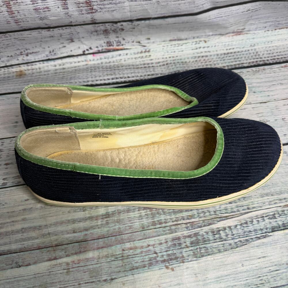L.L.Bean Women's 9.5 Navy Corduroy Ballet Flats Green Velvet Trim Slip On
